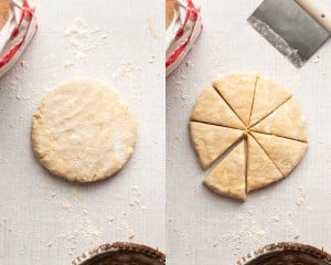 Maple scone dough shaped into a round disc, then sliced into eight triangle wedges on a floured surface.