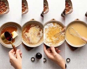 Making maple glaze in a saucepan — combining butter and maple syrup, melting together, then whisking in powdered sugar until smooth.