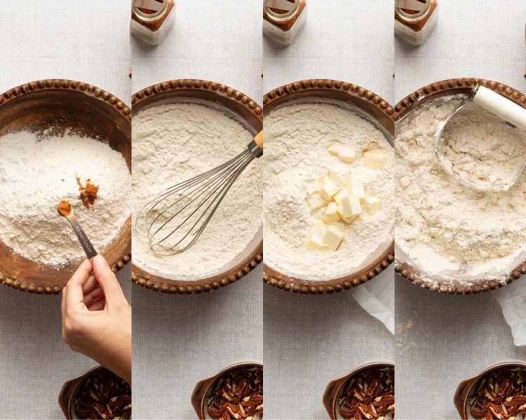 Step-by-step photos showing the first stages of making maple scones: adding cinnamon to dry ingredients, whisking flour mixture, cutting in cubes of butter, and blending until crumbly.