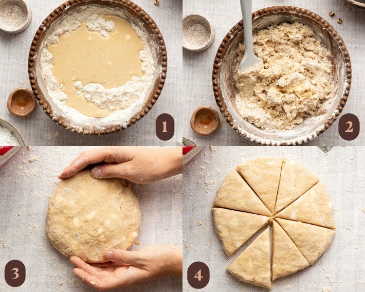 Four-step process for making maple scone dough—pouring wet ingredients into dry, mixing the dough, shaping into a round disc, and cutting into eight triangle wedges.