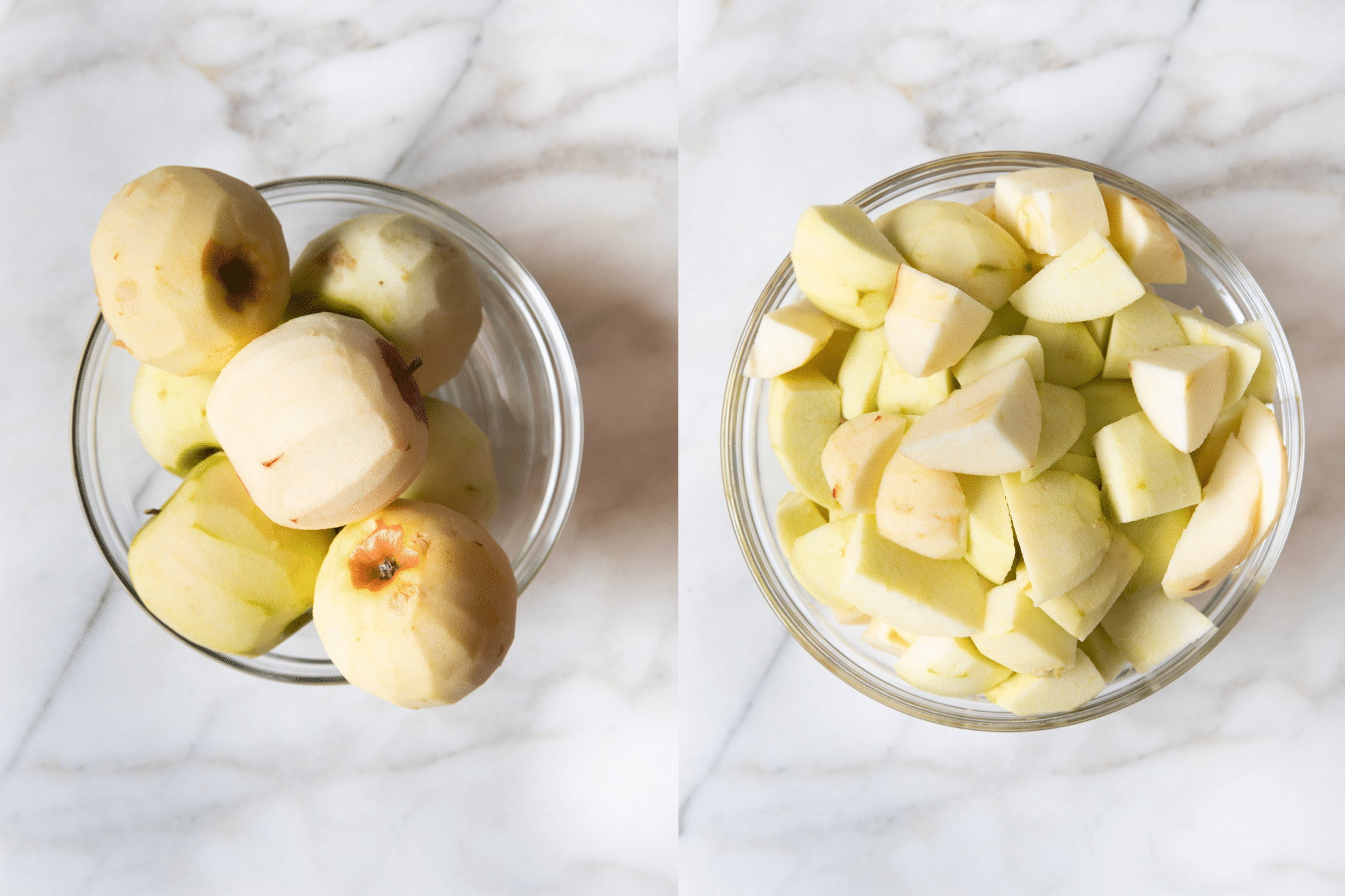 two bowls side by side one with peeled apples the other with apple chunks