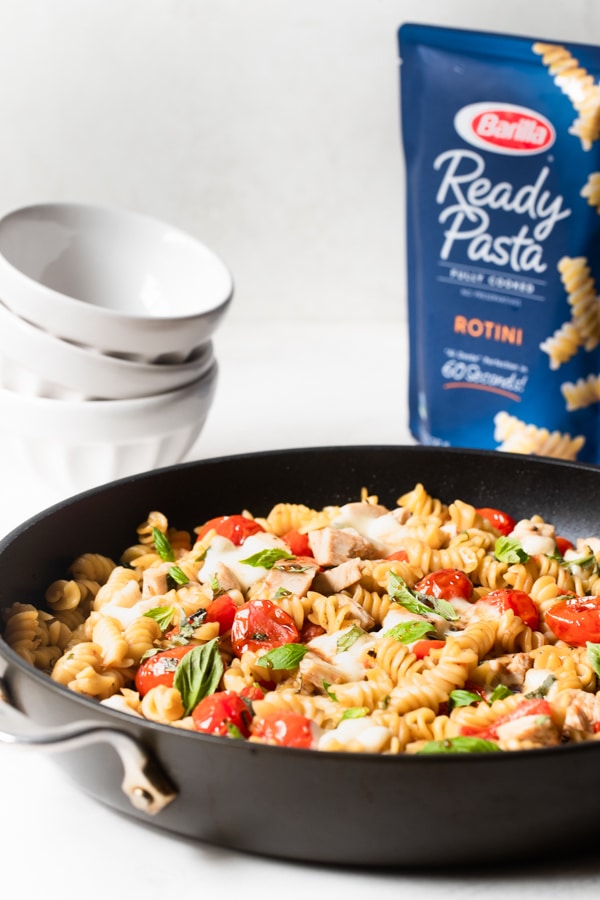 Chicken Caprese Pasta in a non stick frying pan