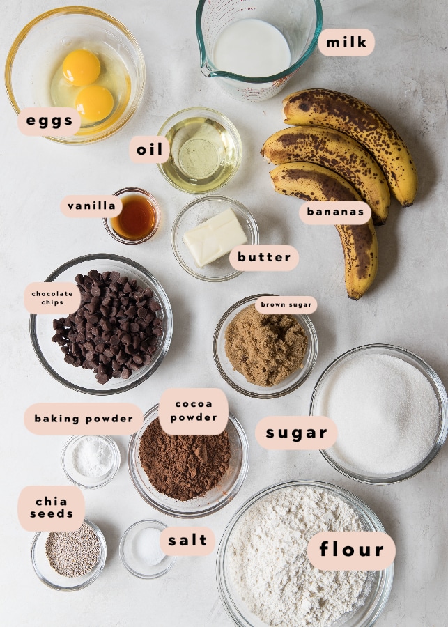 ingredients needed to make chocolate banana chia seed muffins