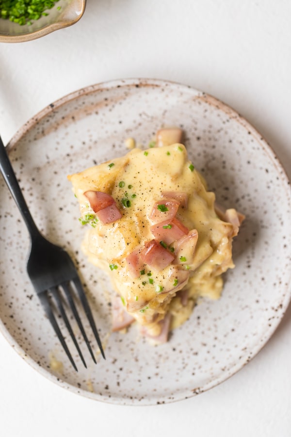  casserole on a speckled white plate