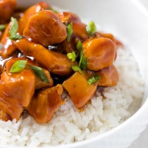chicken with sauce on top of rice in a white bowl