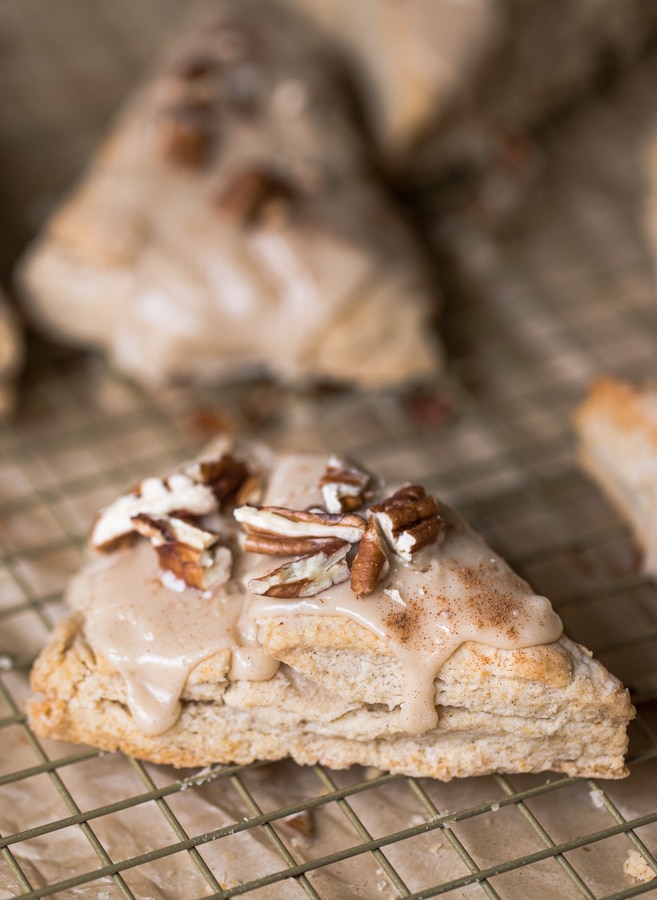 maple scones with pecans with glaze on top