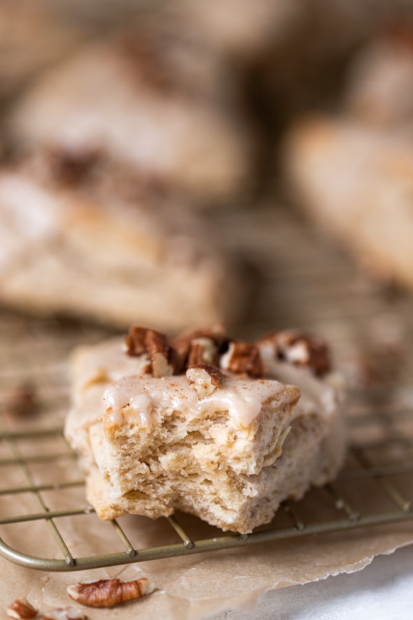 maple scones with glaze and pecans on top