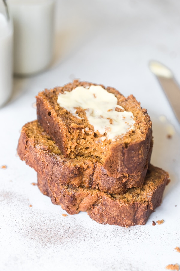 pumpkin bread with butter on top