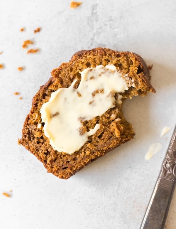 a slice of pumpkin bread with butter on top