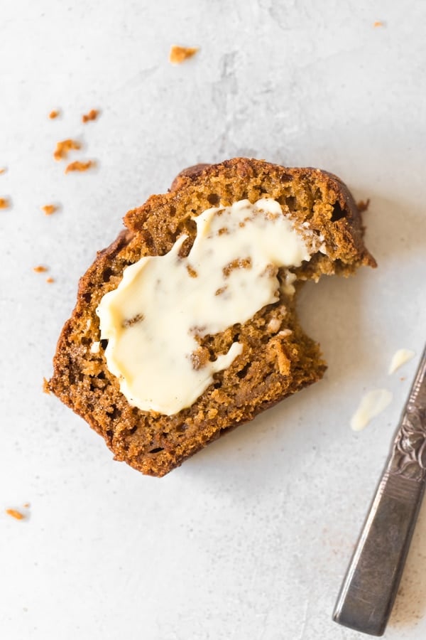 a slice of pumpkin bread with butter on top