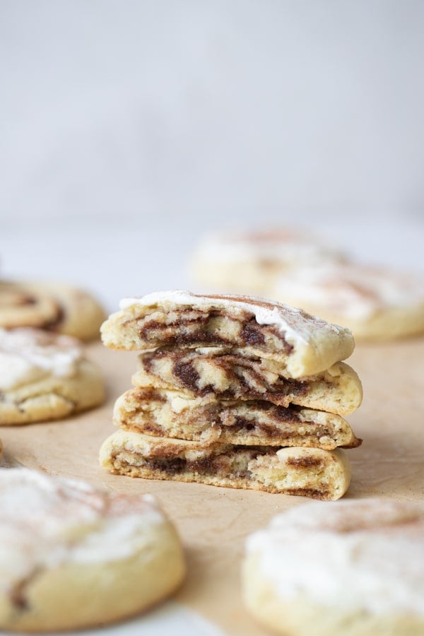 cinnamon roll cookies stacked on top of each other