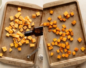 Cubes of butternut squash on a baking sheet being drizzled with olive oil and seasoned before roasting until tender and caramelized.