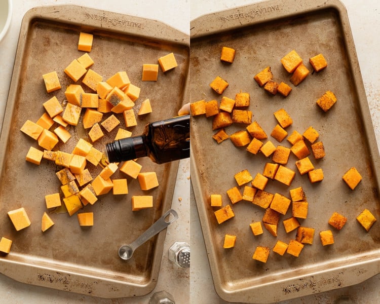 Cubes of butternut squash on a baking sheet being drizzled with olive oil and seasoned before roasting until tender and caramelized.