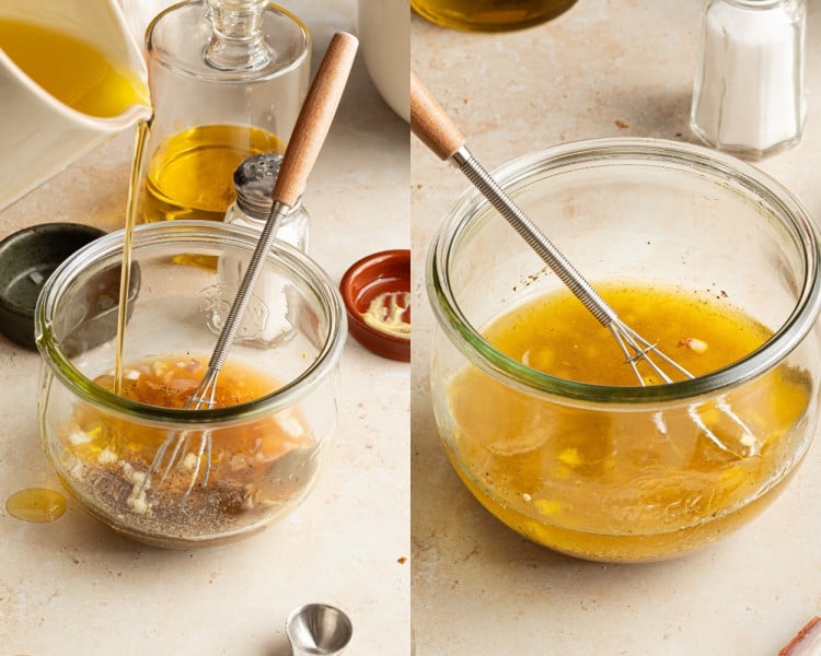 A glass jar filled with a vinaigrette mixture of olive oil, honey, Dijon mustard, shallots, lemon juice, and sherry vinegar being whisked together until emulsified.