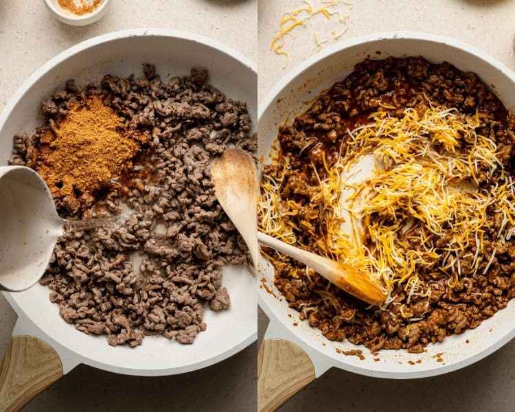 Two-step image of ground beef being cooked. On the left, taco seasoning is added to browned beef in a skillet as water is poured in. On the right, shredded cheese is stirred into the saucy, seasoned meat mixture using a wooden spoon.