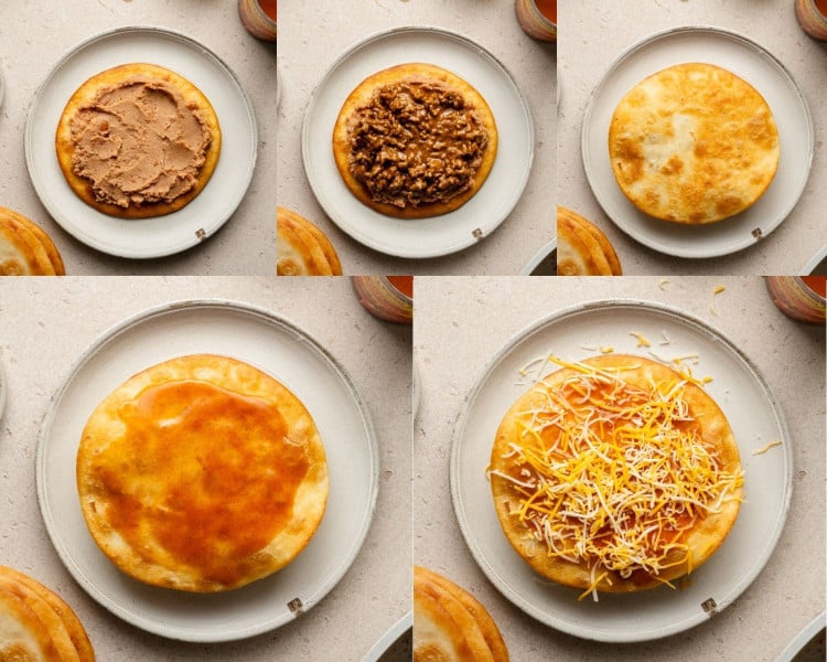 Five-step image of Mexican pizza assembly on a plate. From top left to bottom right: Fried tortilla topped with a spread of refried beans. Meat and cheese mixture layered over the beans. Another fried tortilla added on top. Enchilada sauce spread over the top tortilla. Shredded cheese sprinkled generously over the sauce.