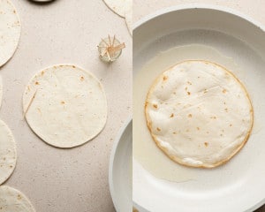 Two side-by-side images: On the left, a flour tortilla is pierced with a toothpick on a light countertop, with other tortillas and a small jar of toothpicks nearby. On the right, a tortilla is frying in oil in a white skillet, starting to puff up slightly.