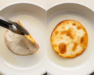Two side-by-side images: On the left, a pair of tongs lifts a partially fried tortilla, showing a golden edge. On the right, the tortilla is fully fried to a golden brown in the skillet with bubbling oil.