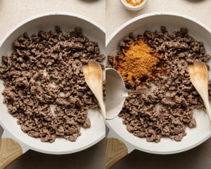Two side-by-side images of a skillet: On the left, cooked ground beef is shown before seasoning. On the right, taco seasoning is sprinkled over the meat while liquid is being poured in from a small container.