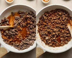 Two side-by-side images: On the left, ground beef is being stirred with a wooden spoon after seasoning and adding liquid. On the right, the taco meat is fully mixed and simmering in the seasoned sauce.