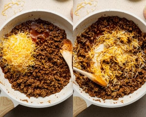 Two side-by-side images: Cooked taco-seasoned ground beef in a skillet with shredded cheese added on the left. On the right, the cheese is being mixed in with the meat using a wooden spoon.