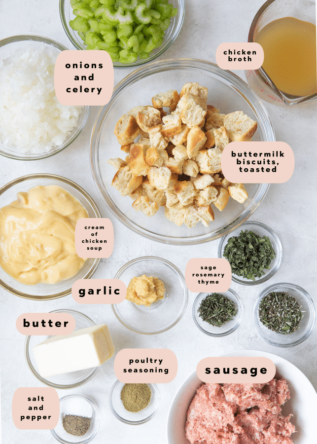 ingredients needed to make stuffing in small glass bowls 