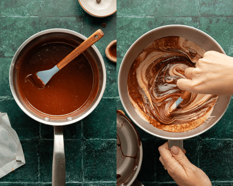 Side-by-side image of melting chocolate and butter then mixing in with egg and sugar mixture.