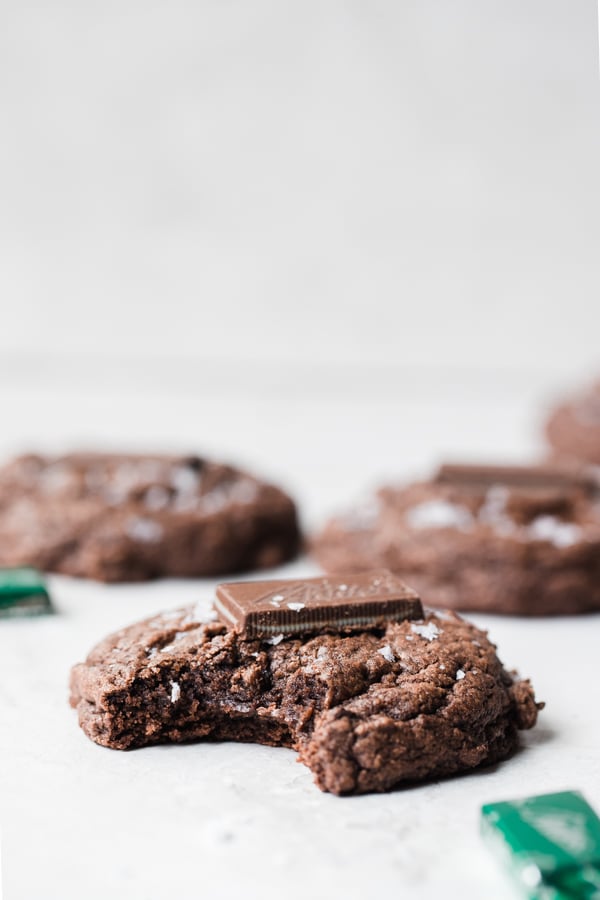a chocolate cookie with an Andes mint on top