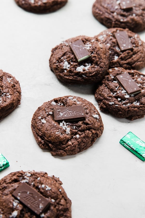 a chocolate cookie with an Andes mint on top