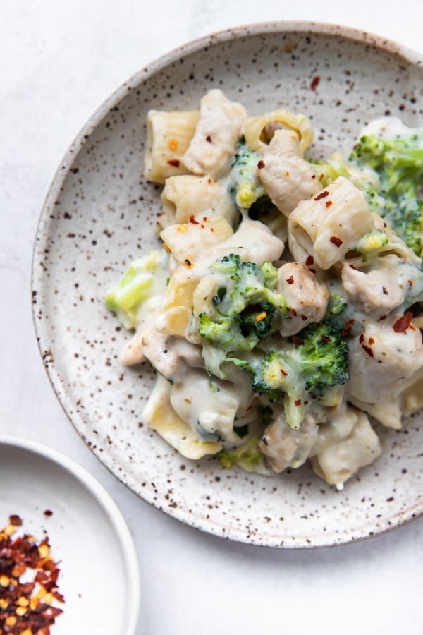 chicken Alfredo pasta with broccoli on a plate