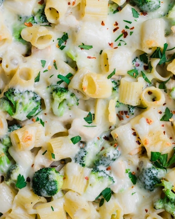 an up close photo of pasta with broccoli covered in cheese