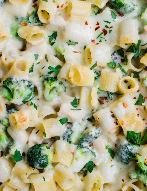an up close photo of pasta with broccoli covered in cheese