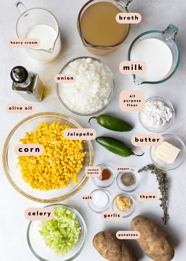 ingredients needed to make corn chowder in small glass bowls