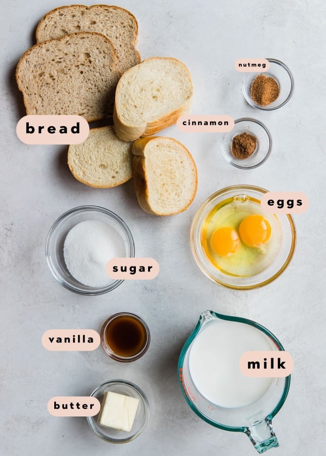 ingredients needed to make french toast in small glass bowls