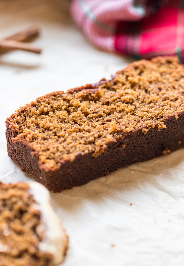 a slice of gingerbread on parchment paper