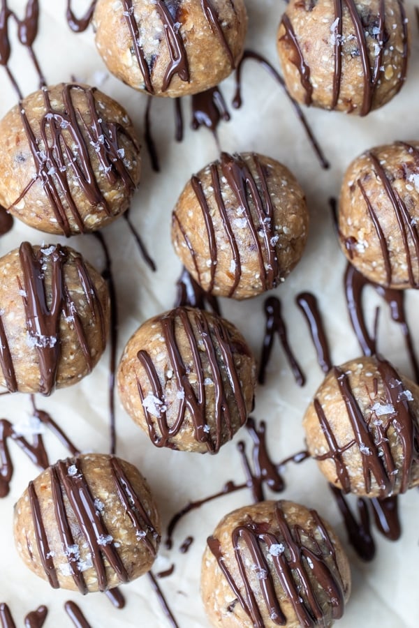 energy balls drizzled with chocolate and flaky sea salt 