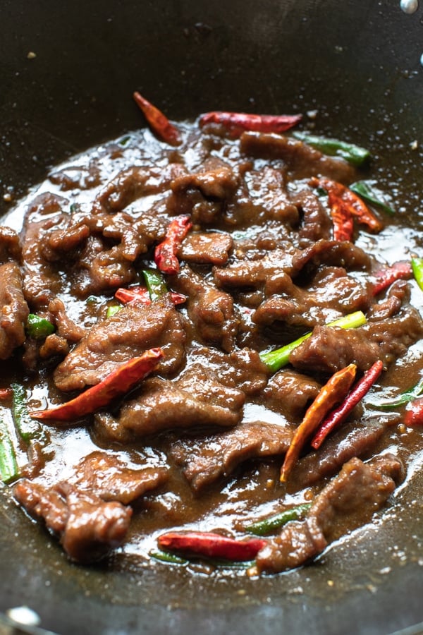 strips of beef, peppers, and green onions in a brown sauce
