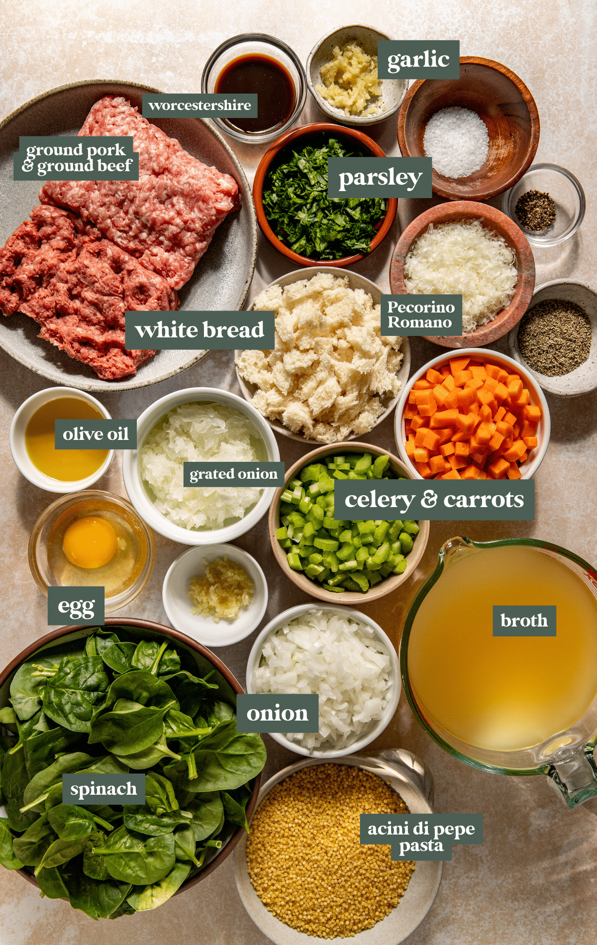 ingredients needed to make wedding soup all chopped and prepped in mall glass bowls. 