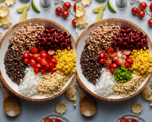 Side-by-side images of a large bowl of cowboy caviar ingredients. Left side shows beans, corn, onion, tomato, and other veggies arranged by type. Right side shows the same ingredients sprinkled with spices and chopped jalapeño before mixing.
