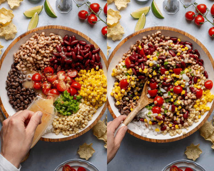 Left side shows a hand pouring Italian-style dressing over a colorful cowboy caviar mix. Right side shows the same bowl being stirred with a wooden spoon to combine the ingredients.