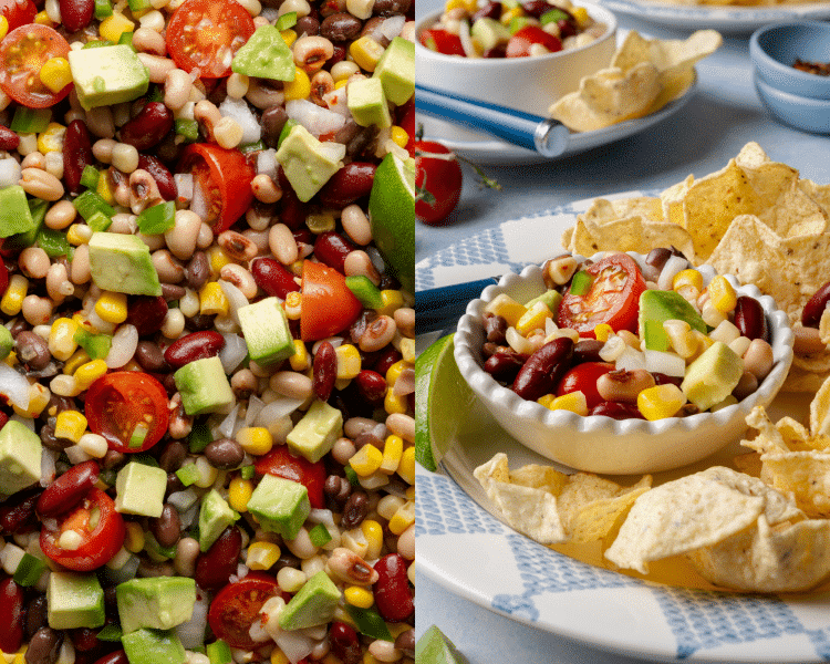 Left side shows a close-up of colorful cowboy caviar with avocado, beans, tomatoes, and corn. Right side shows a small bowl of cowboy caviar served with tortilla chips and garnished with lime on a blue-and-white plate.