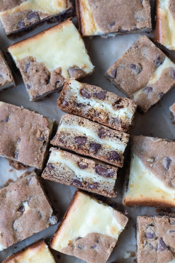 cheesecake cookie bars cut into squares