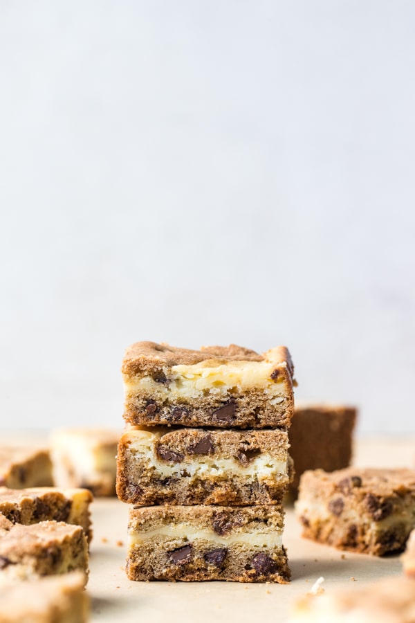 cookie dough bars stacked on top of each other