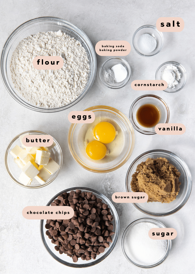 ingredients in small glass bowls needed for cookie dough