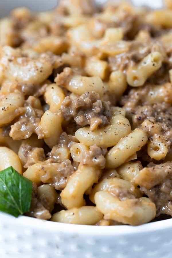 ground beef and macaroni in a white bowl