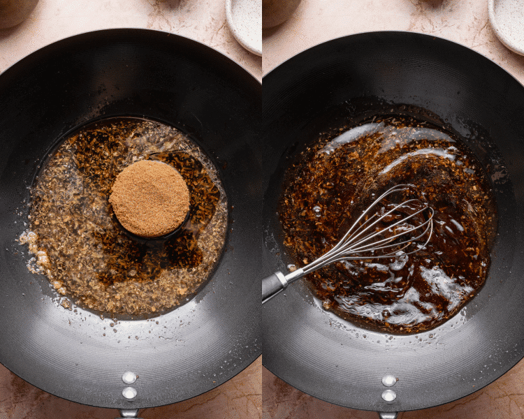 Side-by-side image of making the sauce in the wok before adding beef.