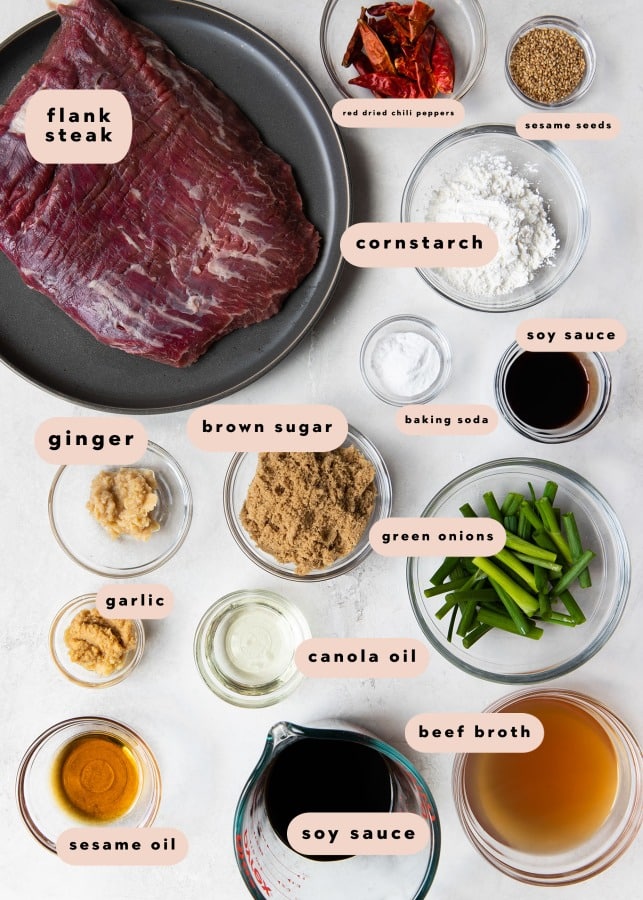 ingredients needed to make mongolian beef in small glass bowls 