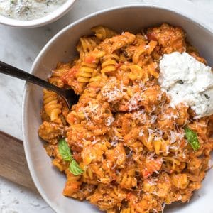 rotini pasta in a white bowl