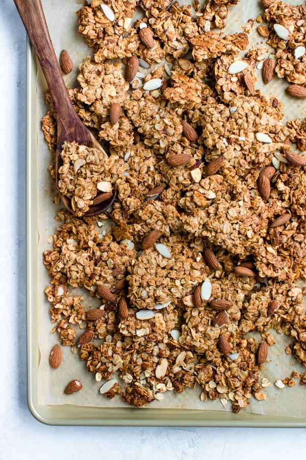 granola on a baking sheet