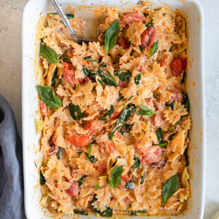 pasta in a white casserole dish